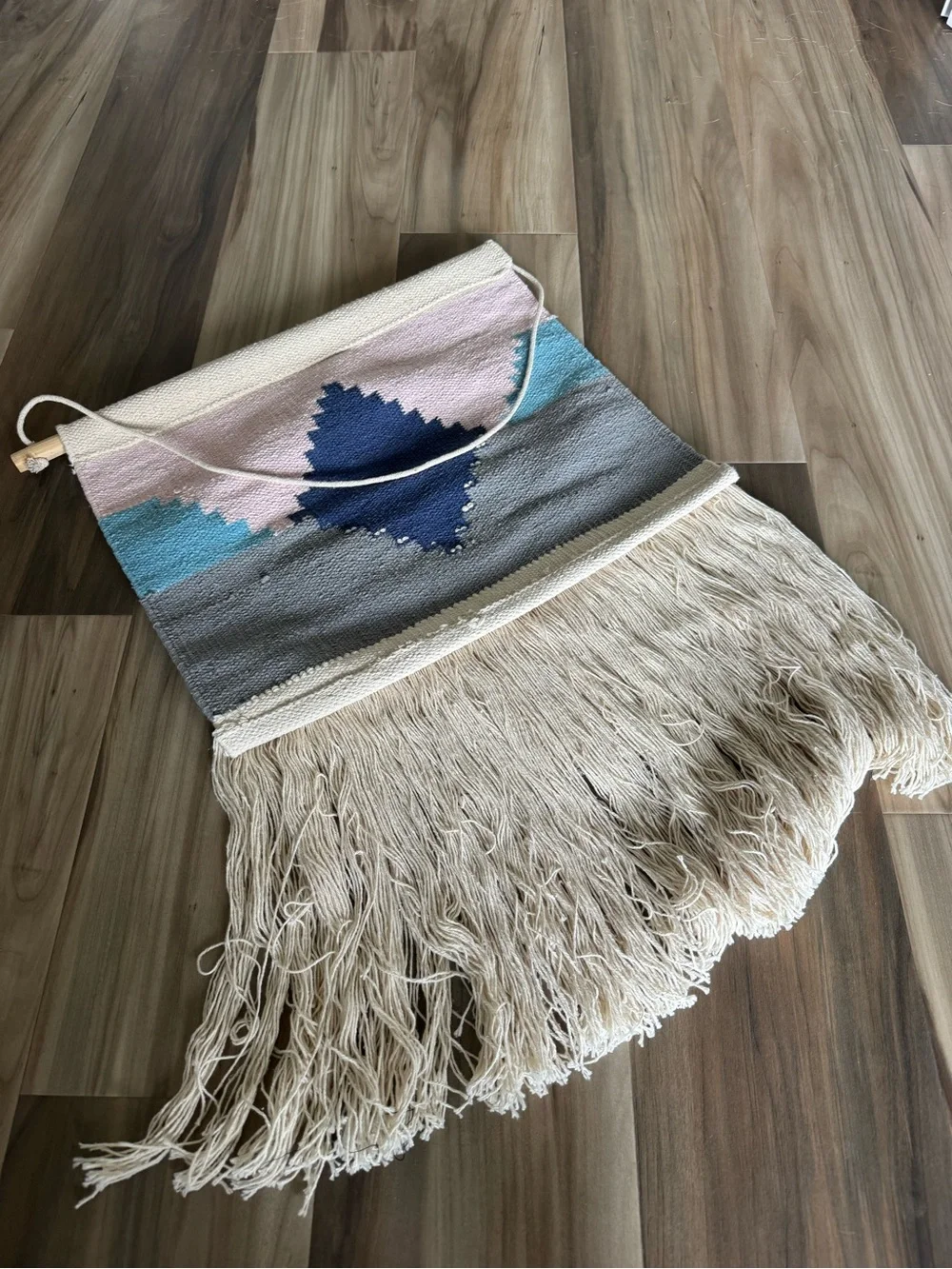 Macrame Woven Tapestry Pink Blue Fringe Wall Hanging Decor